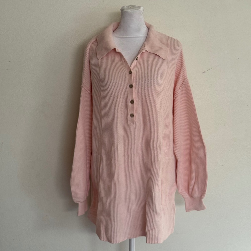Free People FP Beach Pink Ribbed Knit Polo Tunic Sweater Linen Cotton Blend M